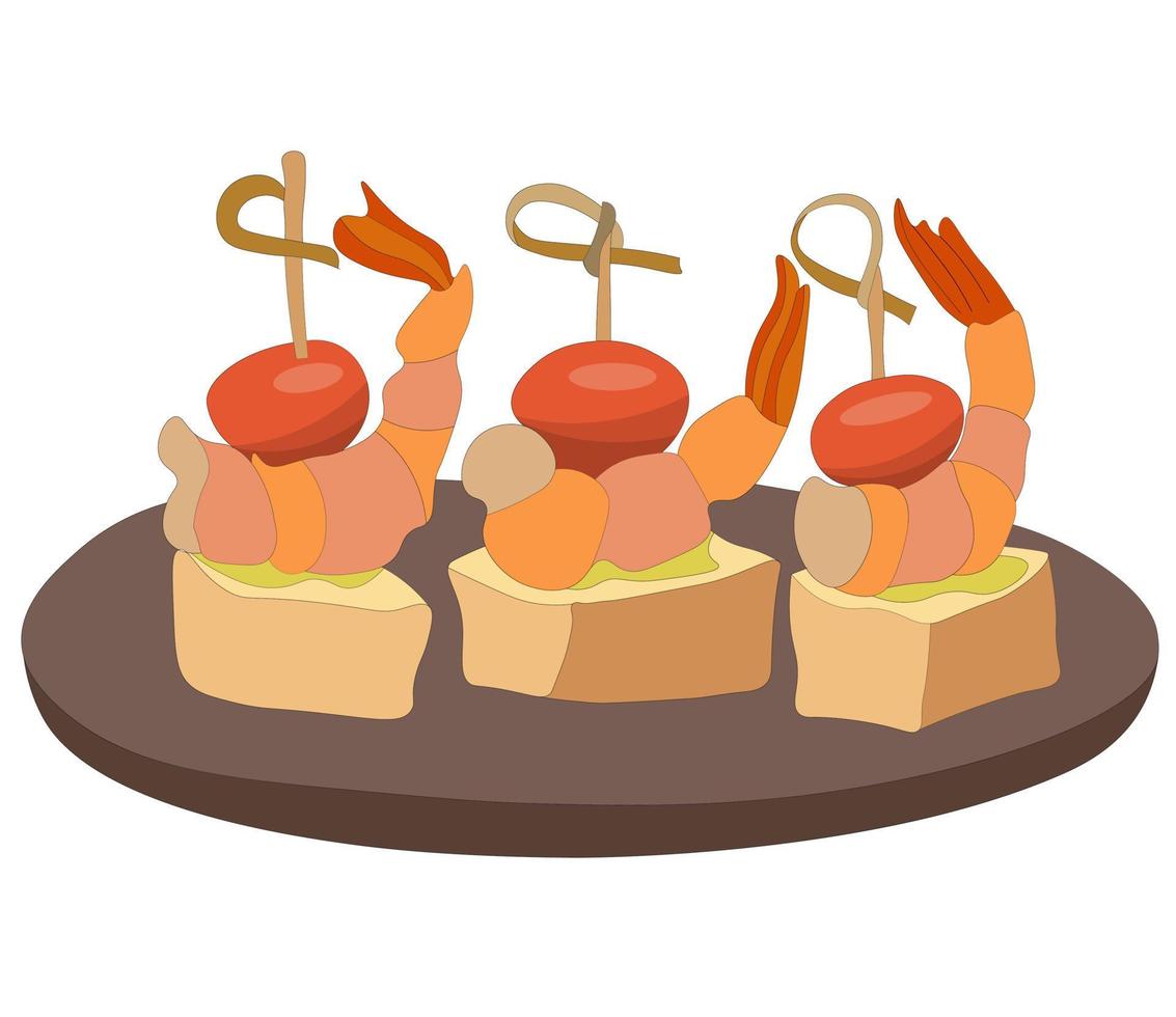 Canapes, snacks with shrimp on wooden stick, lie on plate. shrimp on skewers. vector illustration of food and snacks on white background. Shrimp kebab, Seafood barbecue.