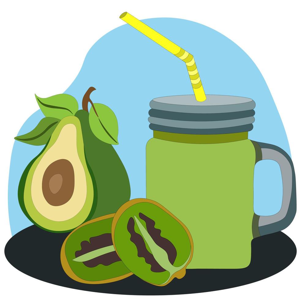 Top vector illustration of avocado and kiwi smoothies in glass mug with drinking tube. Healthy detox drink with vitamins, vegan cocktail. Healthy fruit food.