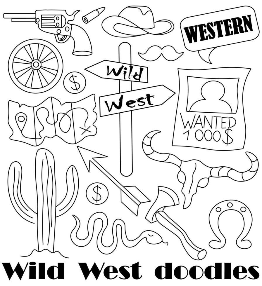 Set of cowboy western doodles of the Wild West - Cowboy hat, cow skull, pistol with bullets, signpost, wheel, map, cactus, mustache, coins, arrow, axe, snake, horseshoe. Illustrations of linear vector