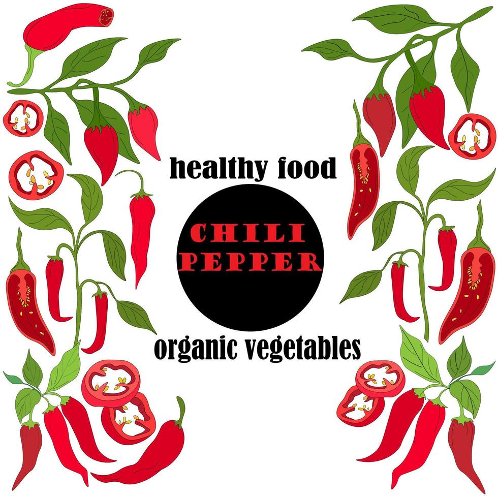Vector frame with red chili pepper, jalapeno slices, halves, slices, twig and leaves. Illustration of organic vegetables, healthy vegetarian food, hand-drawn.
