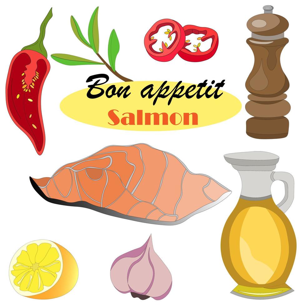 Bon appetit. set for cooking raw salmon fillet - olive oil, spice mill, red chili pepper, garlic, rosemary sprigs, lemon. Vector illustration for menus, fish restaurants