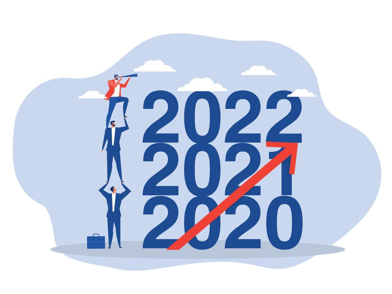 empresario subir la escalera para ver a través del telescopio en el año 2022 número para comparar 2020.futuro objetivo y planes.concepto de objetivo empresarial ilustrador de vector plano