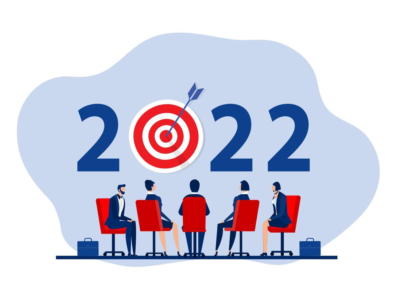 Team Business working on table with dartboard target. 2022 goal, cooperation, partnership, teamwork symbol. Flat vector illustration