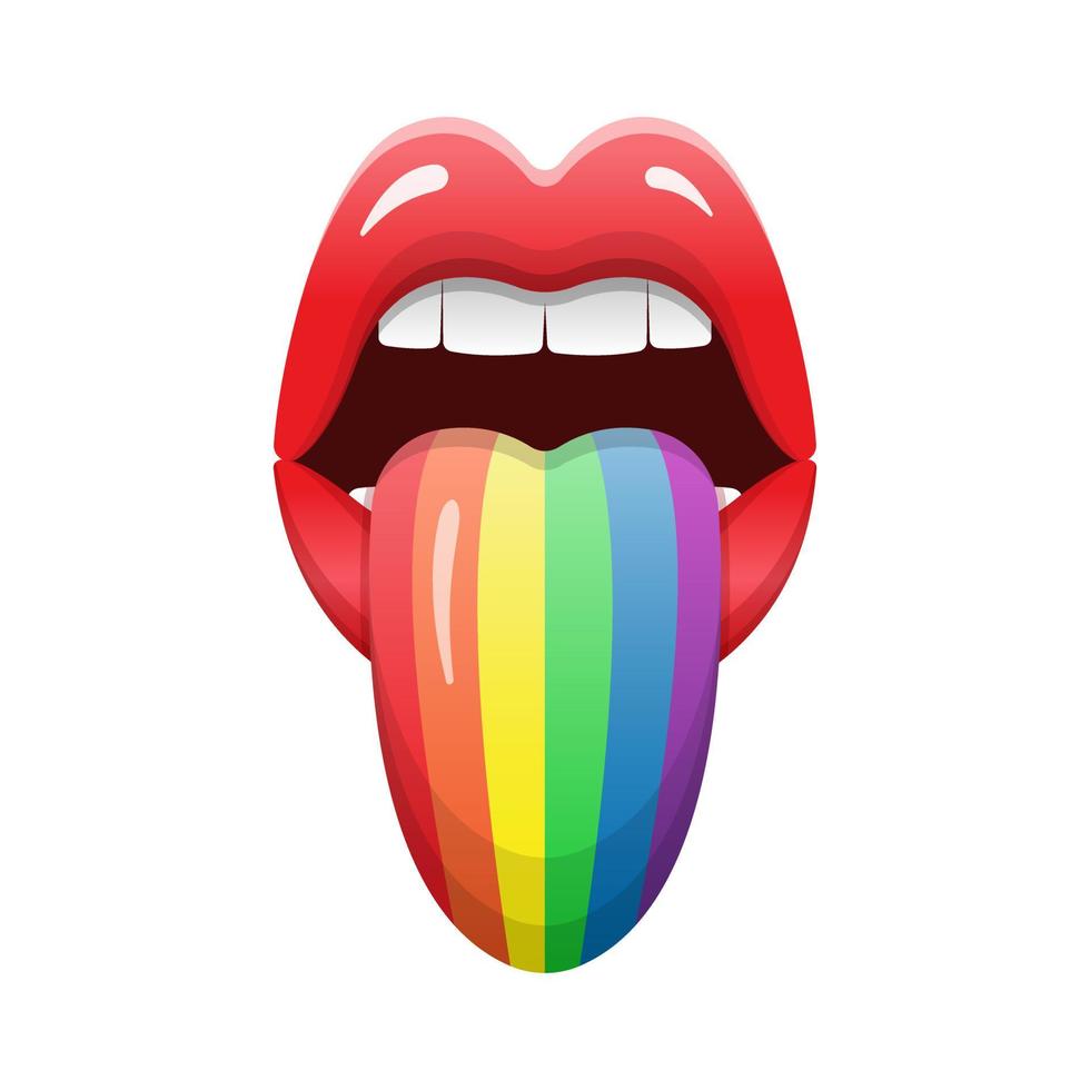 labios lgbt con lengua de color arcoiris. Ilustración de vector de orgullo gay y lesbiana sobre fondo blanco.