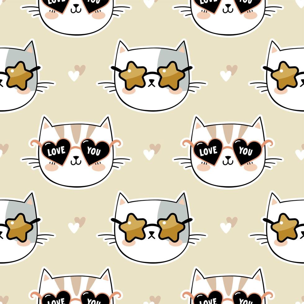 Cute cat faces with glasses seamless pattern for kids vector