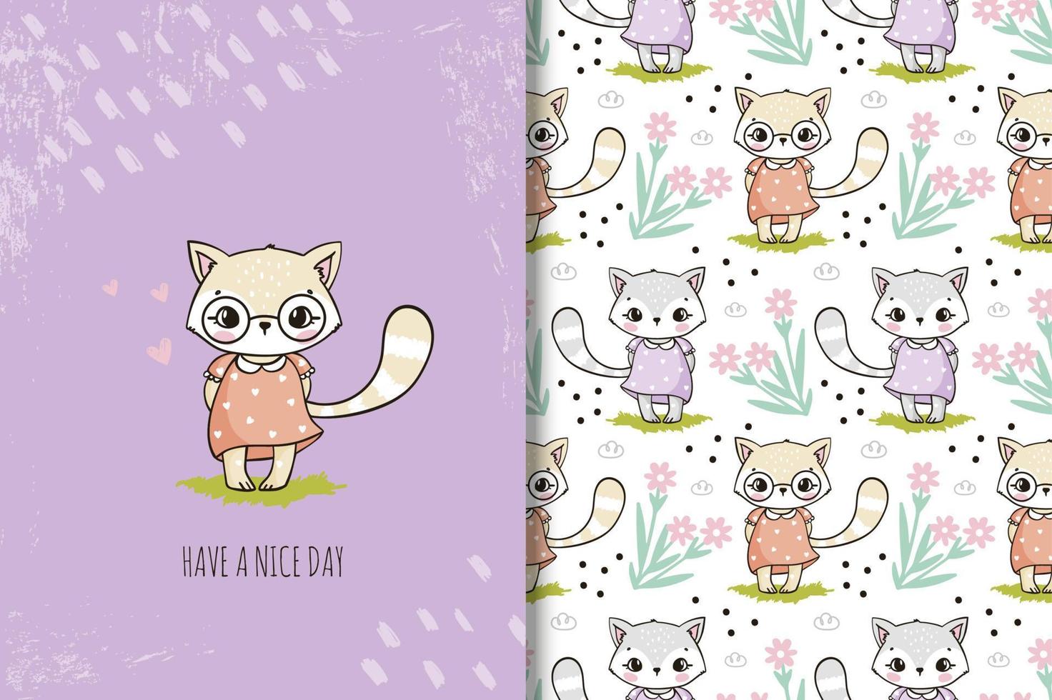 lindo gato con tarjeta de flores y patrones sin fisuras vector