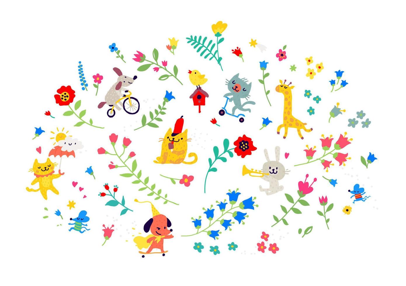 Illustration of a pattern of flowers and funny animals. Vector. Cartoon style. Floral elements for cards or greetings. Children's cosmetics, clothing, club. Flower ornament. vector
