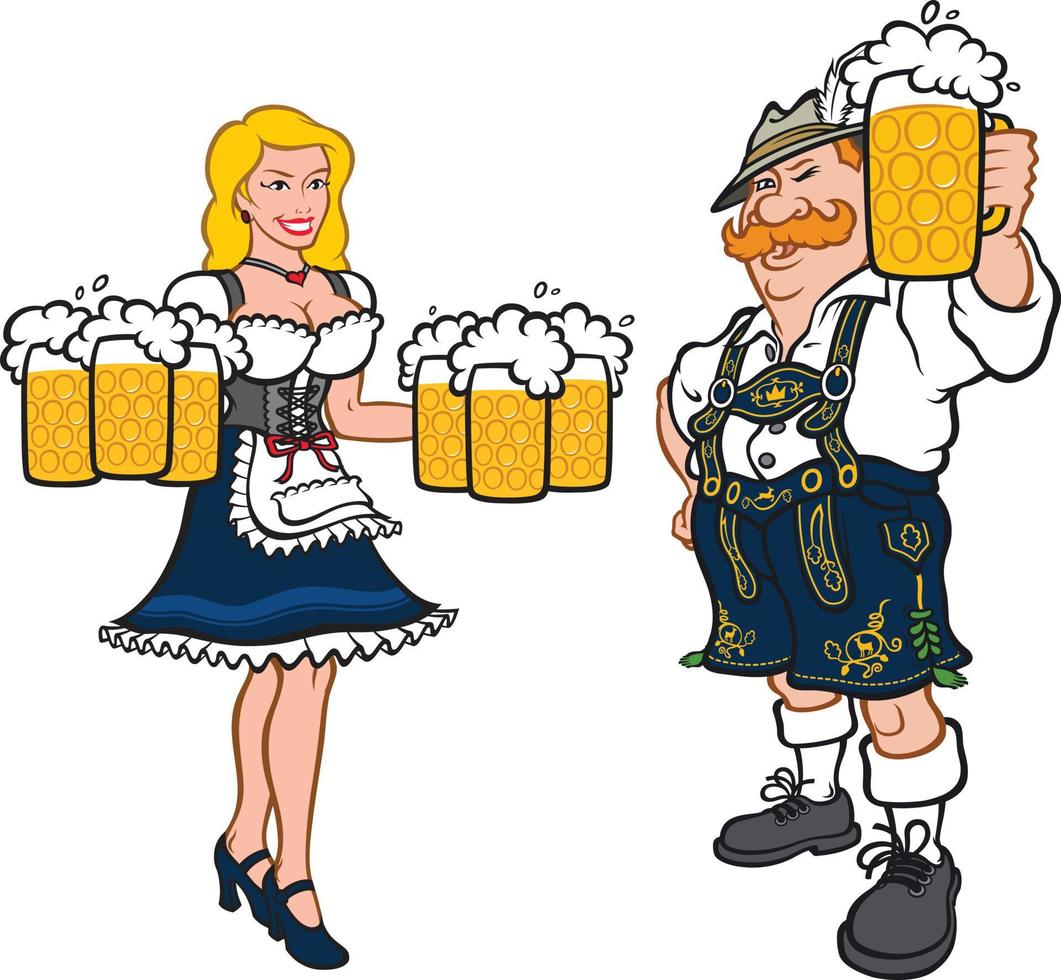 Cute man and woman in national German costumes. Vector illustration in a flat style. Image is isolated on white background. Company characters. Mascots for printing and website.