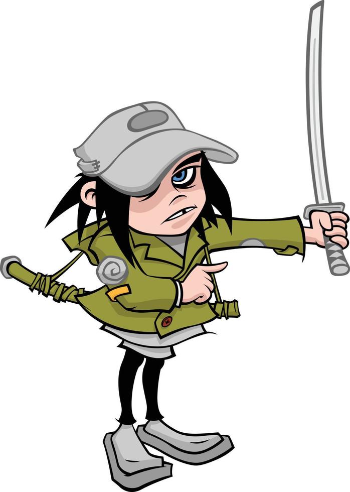 chica enojada con una katana, en uniforme militar. carácter vectorial en un estilo plano. la imagen está aislada del fondo blanco. carácter de empresa. vector