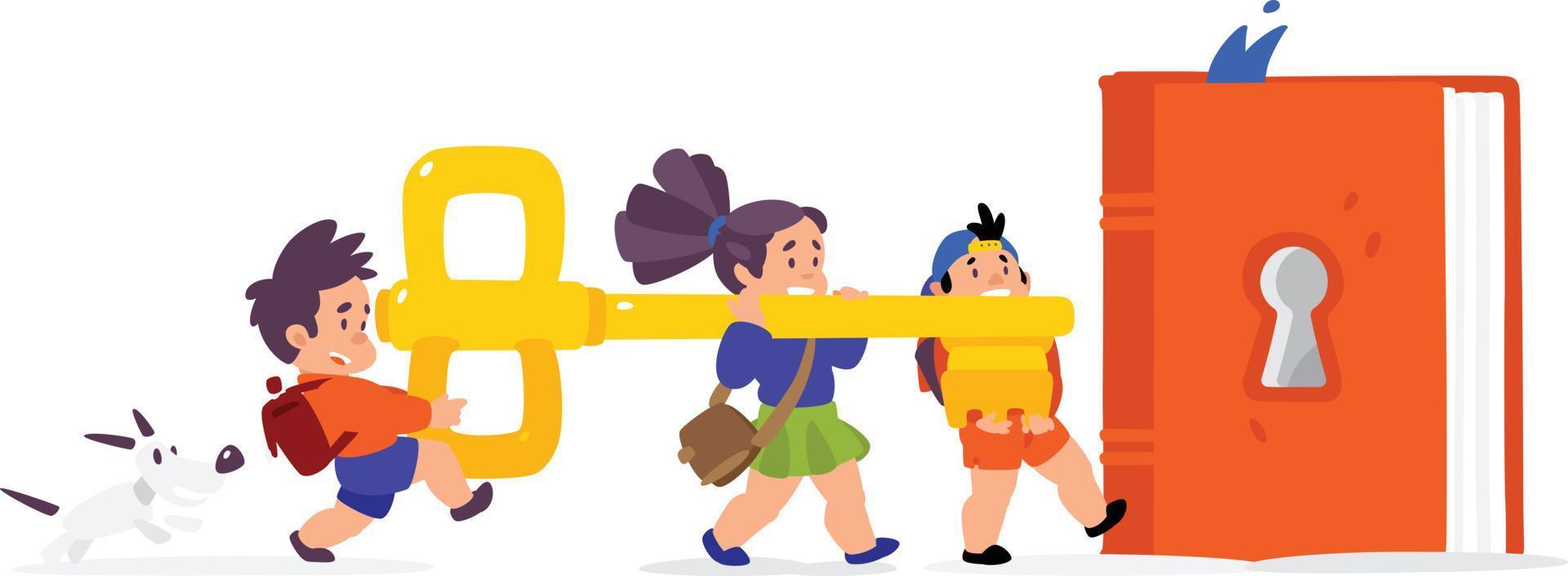 Illustration of cartoon children. Vector flat illustration. Children open a book, knowledge. Children's Library. The key to new knowledge. Image is isolated on white background.