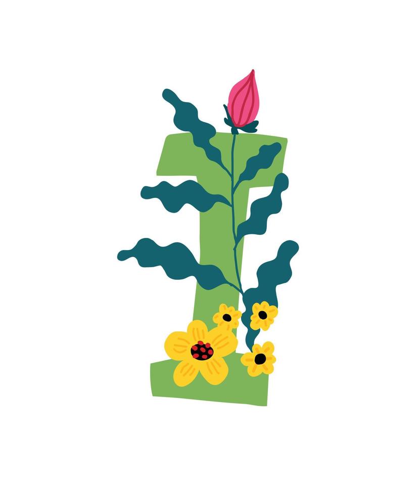 Ilustración de la letra en plantas y flores. vector. monograma para banner, tarjeta de felicitación. composición de ramos y plantas, herbario. estilo de dibujos animados. la imagen del verano y la primavera. vector