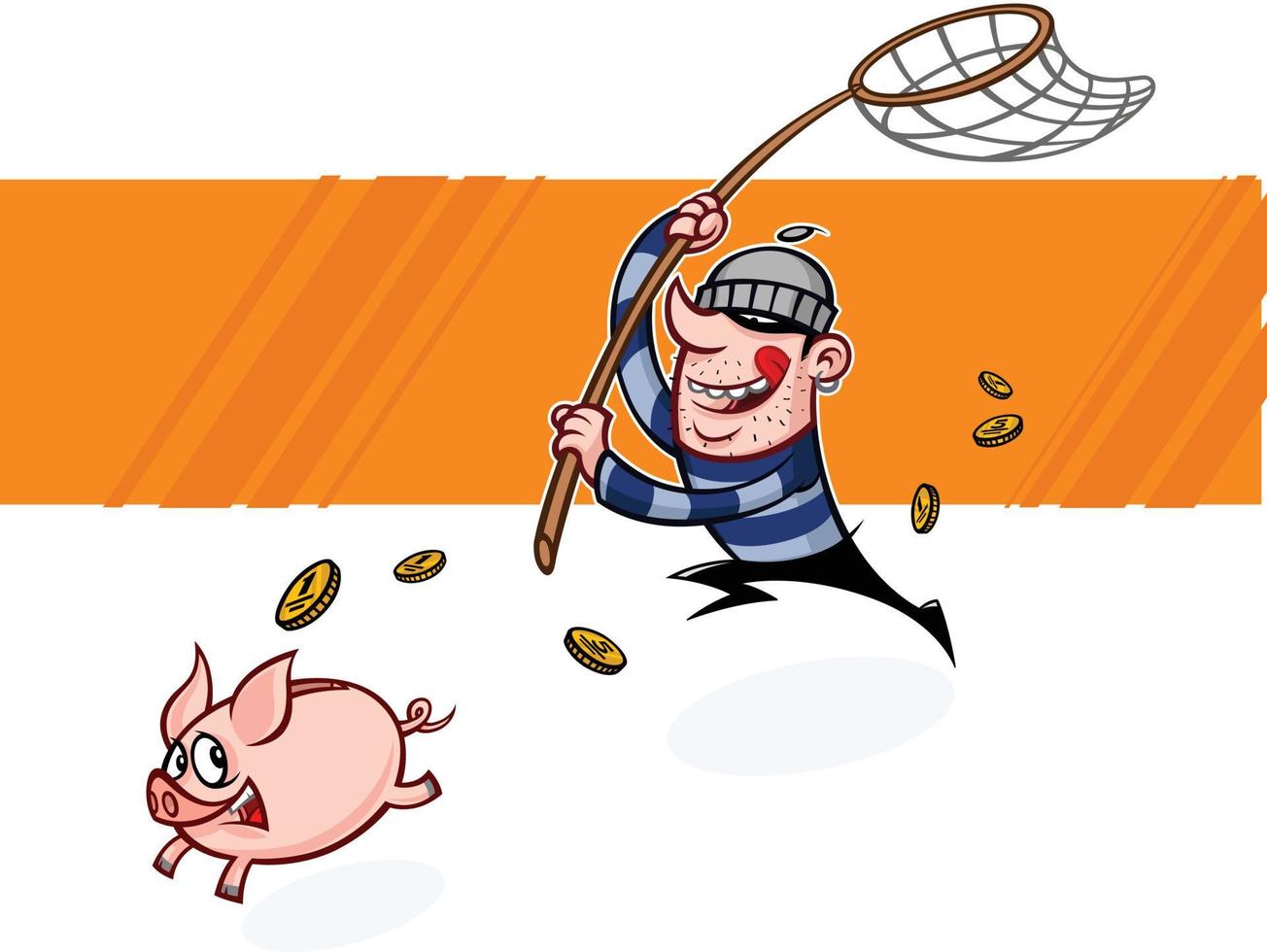 The thief runs after the piggy bank. Vector flat illustration of a pig and a burglar. Image is isolated on white background. Ready for printing, web and animation. Lovely characters are mascots.