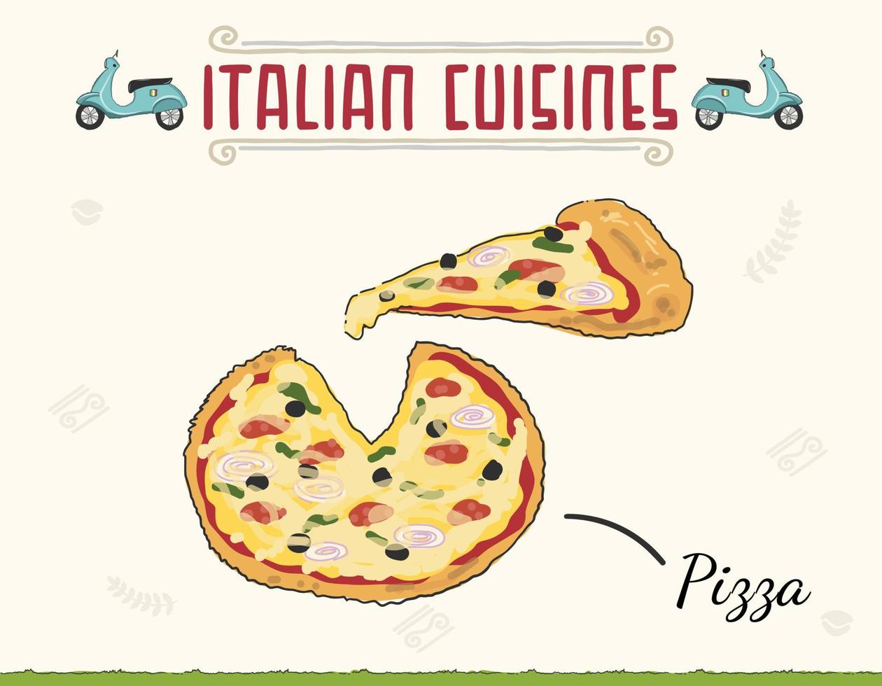 pizza fresca con tomate, queso, oliva, chorizo, cebolla, albahaca. comida rápida italiana tradicional. comida de vista superior. merienda europea. ilustración vectorial aislada de color mínimo. vector