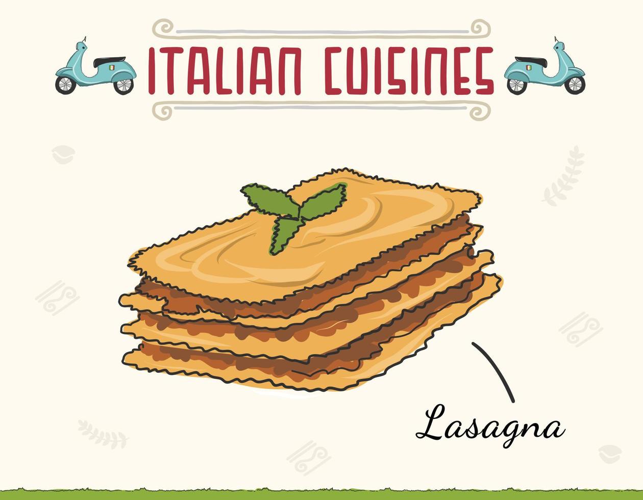 plato de lasaña italiana servido y albahaca encima. cocina italiana de estilo garabato de colores, plato de lasaña. ilustración vectorial aislada de color mínimo. vector