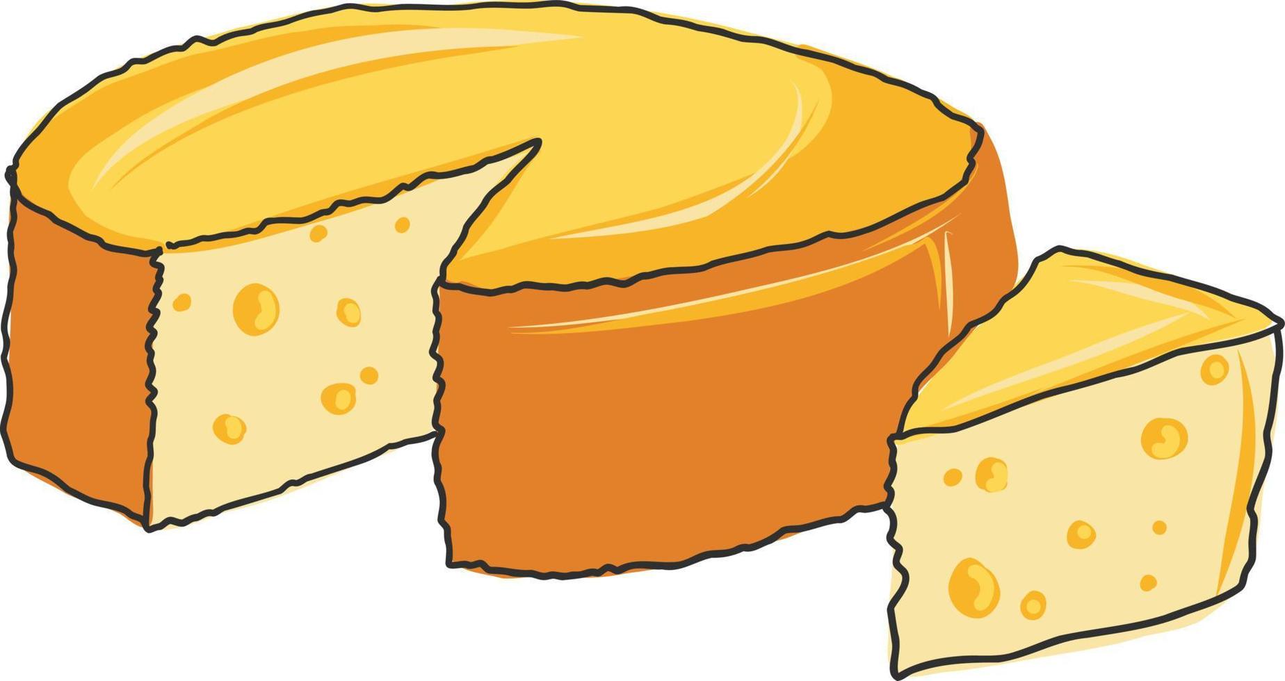 A slice of Italian cheese with a whole  block. Swiss or emmental flat color Cheese isolated on a white background, Hand drawn cheese outline vector illustration.