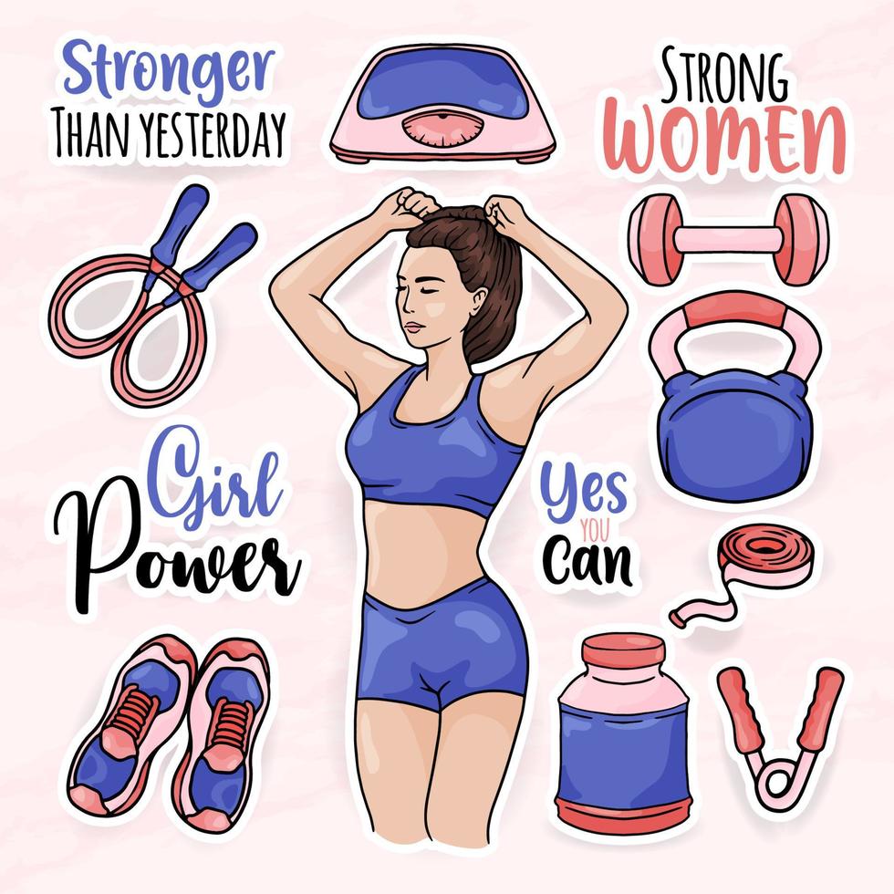 cute women sticker clip art collections set with girl gym equipment vector