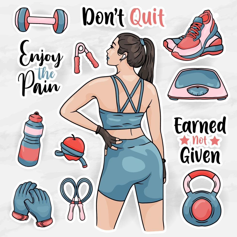 healthy women sticker clip art collections set with girl gym equipment vector