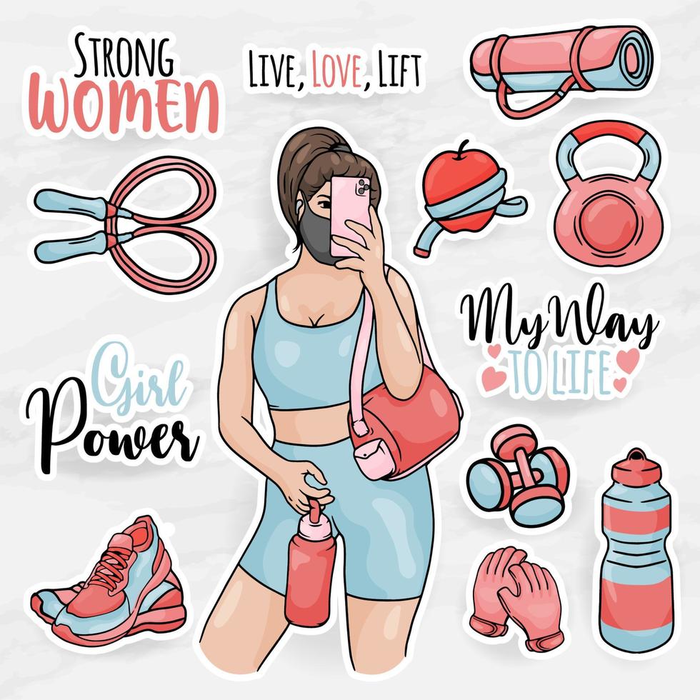 healthy women sticker clip art collections set with girl gym equipment vector