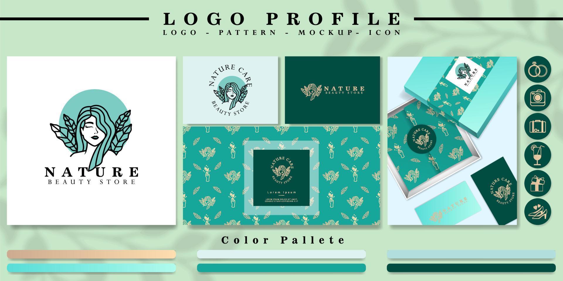 marca de logotipo de cabeza de mujer simple con patrón y conjunto de iconos vector