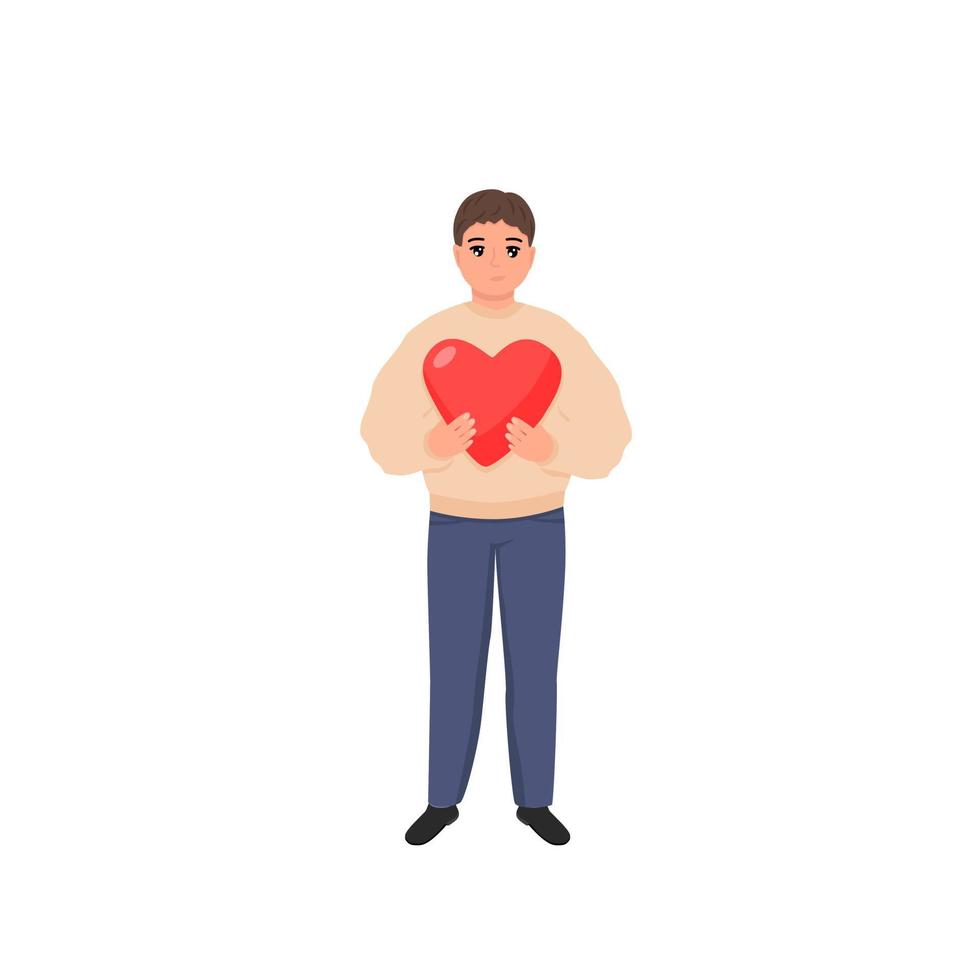 Man holding valentine heart. Fall in love concept for valentines day. Flat vector illustration isolated on white.