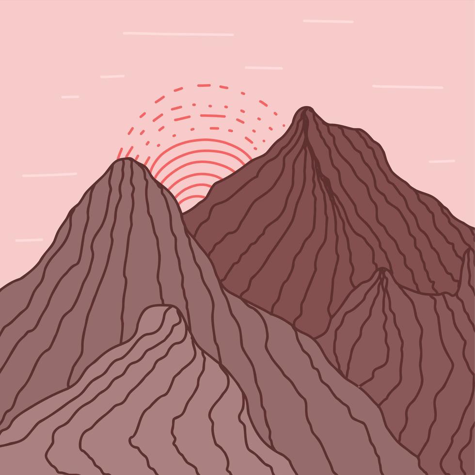 paisaje minimalista abstracto con montañas y sol naciente. fondo estético de pared boho. ilustración vectorial abstracto plano. vector