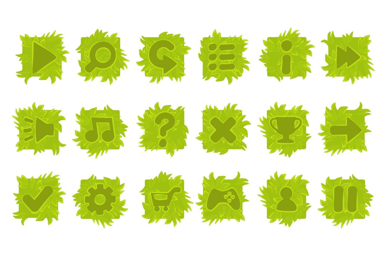 Set of vector grass buttons for game menu. Isolated green icons for interface