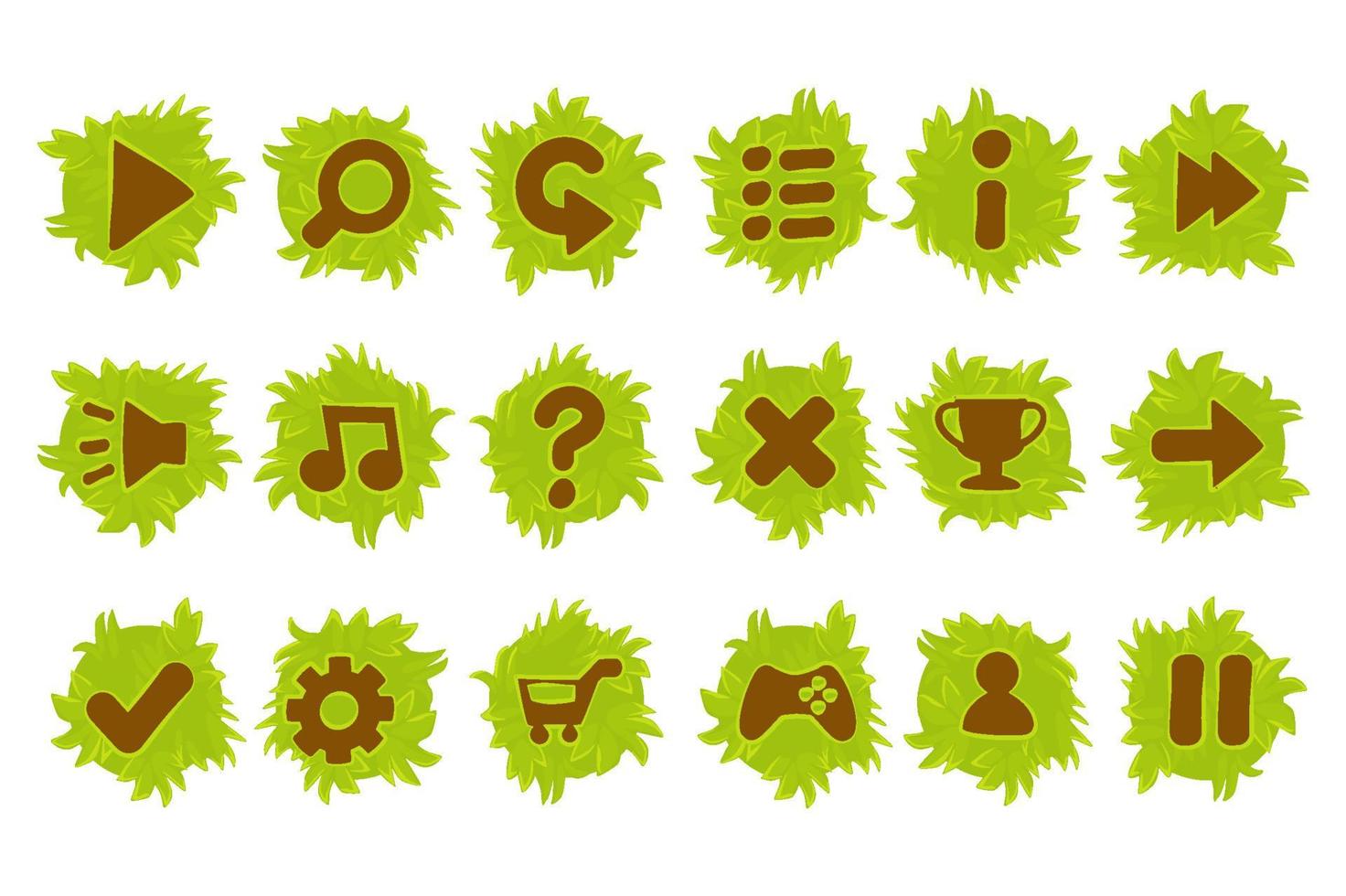 Set of vector grass buttons for game menu. Isolated green icons for interface