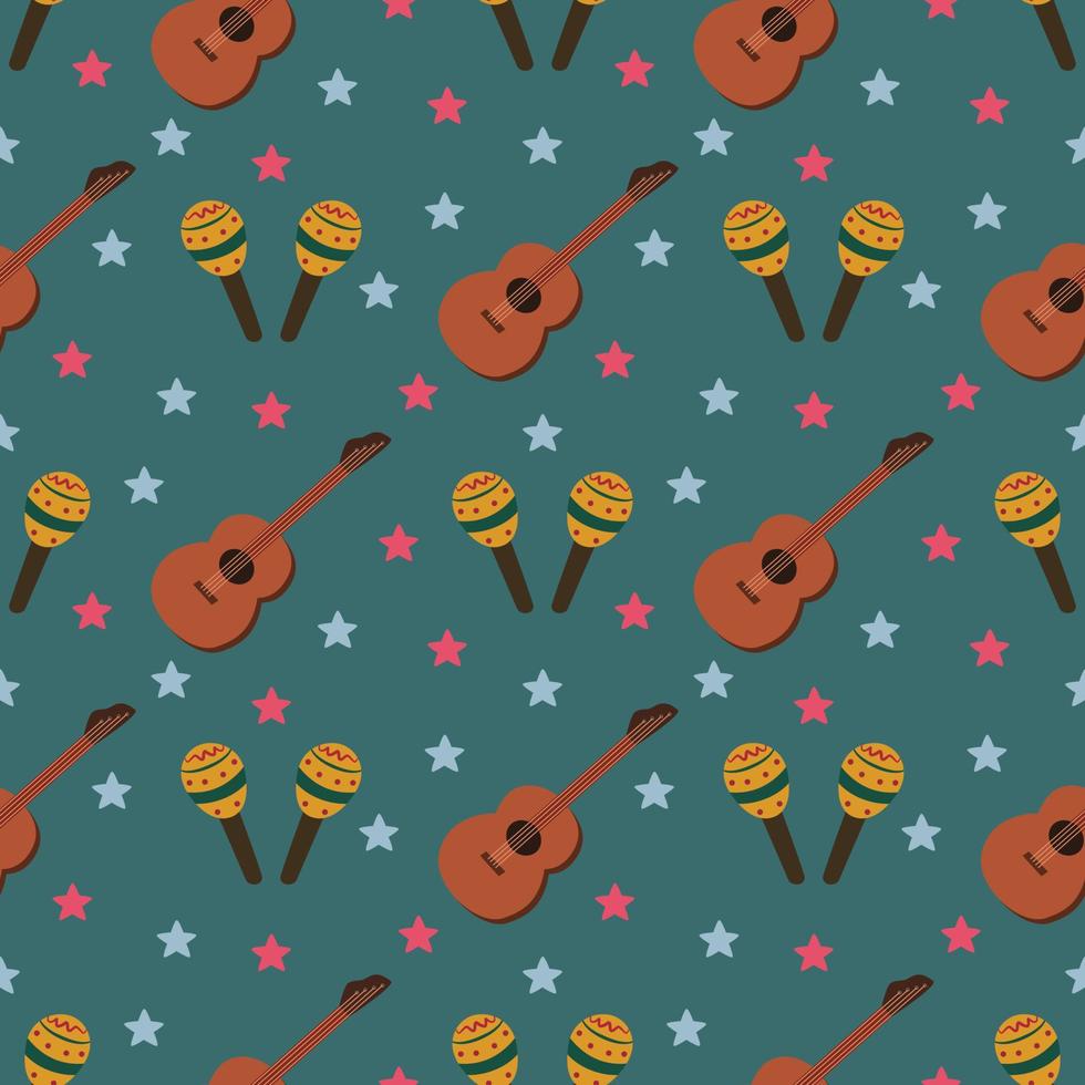 Seamless Pattern of Music Instruments Maracas and Guitar vector