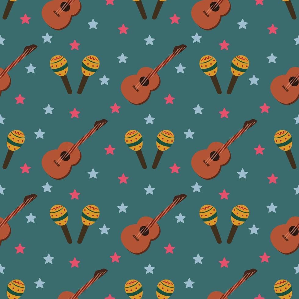 Seamless Pattern of Music Instruments Maracas and Guitar vector