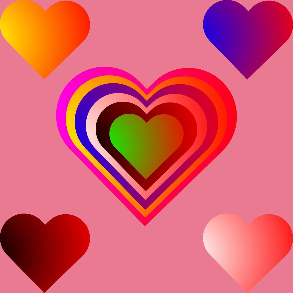 colorful gradient stacked hearts illustration on pink background vector