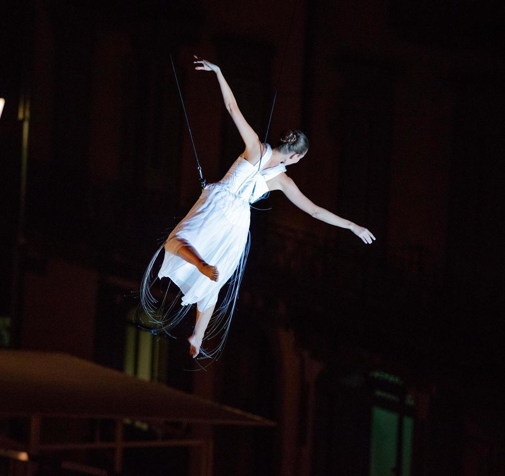 Bergamo Italy 14 September2018 Performance of acrobatic dance suspended in the air performance of MolecoleShow photo