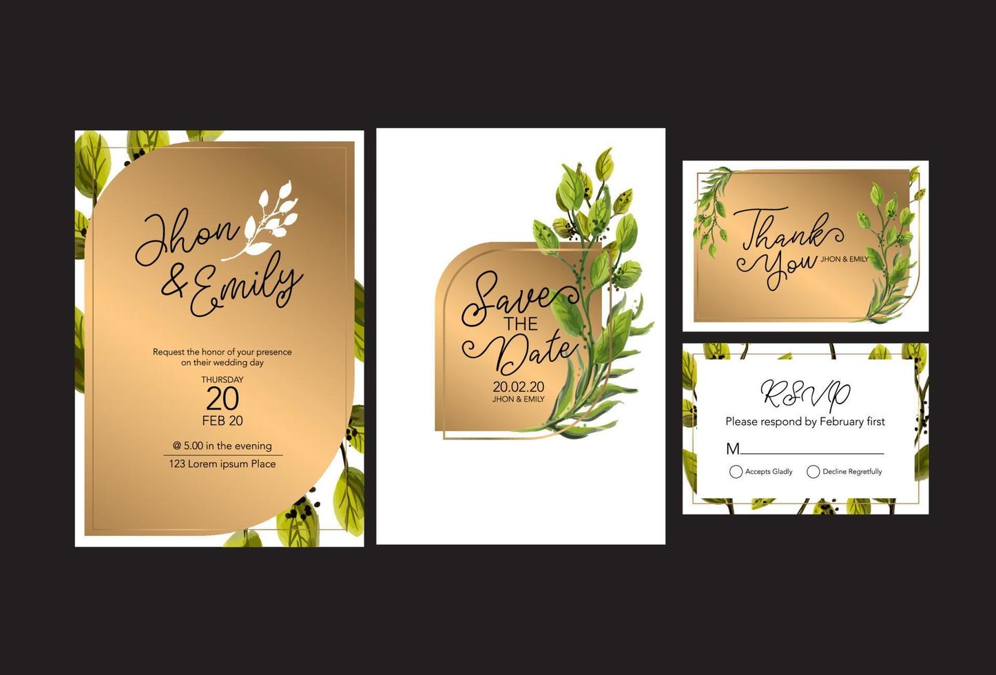 tarjeta de invitación de boda floral, guardar la fecha, gracias, plantilla rsvp. vector