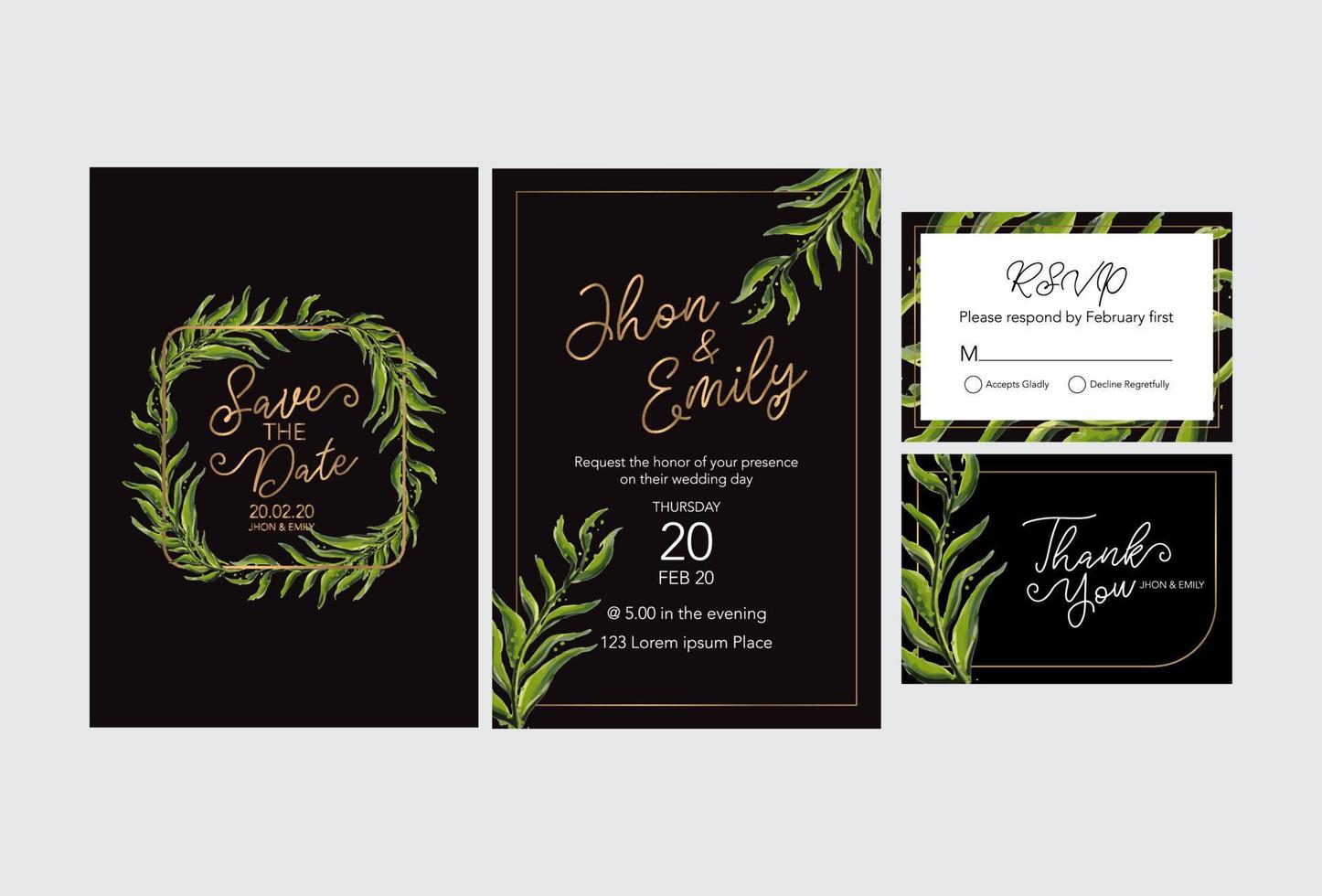 tarjeta de invitación de boda floral, guardar la fecha, gracias, plantilla rsvp. vector