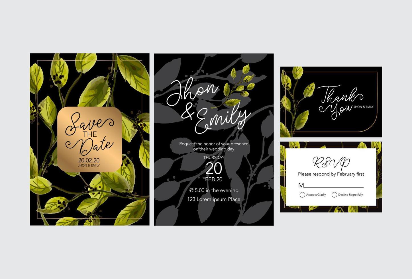 tarjeta de invitación de boda floral, guardar la fecha, gracias, plantilla rsvp. vector