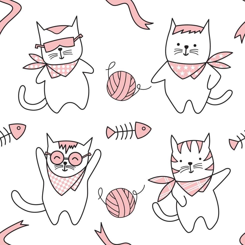 Cute cat cartoon hand drawn seamless pattern vector