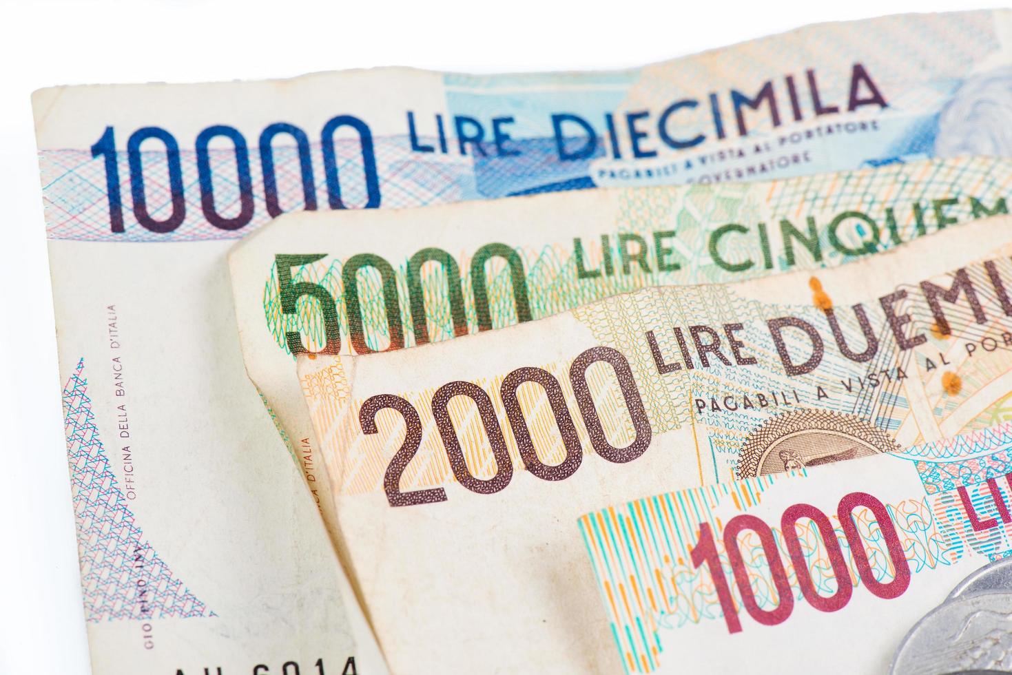 billetes de italia. lira italiana 10000, 5000, 2000, 1000. foto