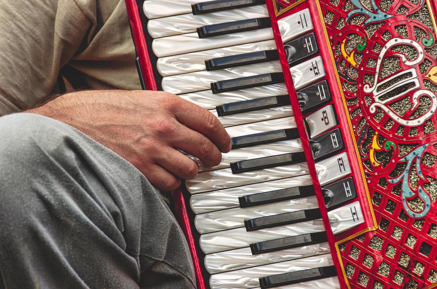 Detail of fingers on the accordion fingerboard photo