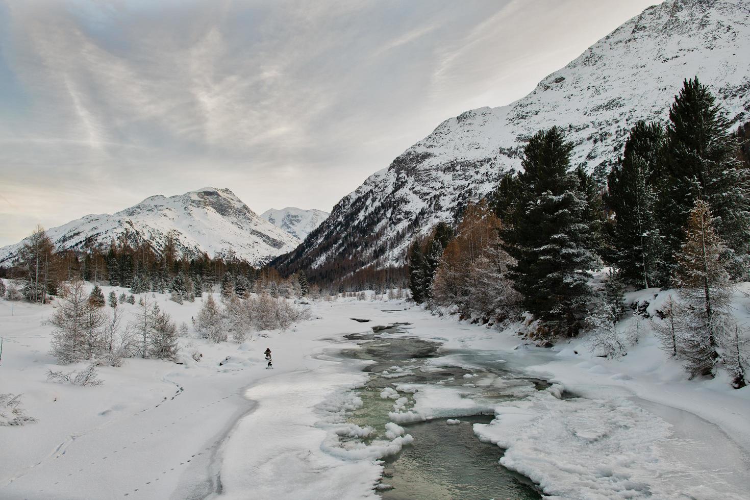 Frost landscape in Engadine valley on the Swiss alps photo