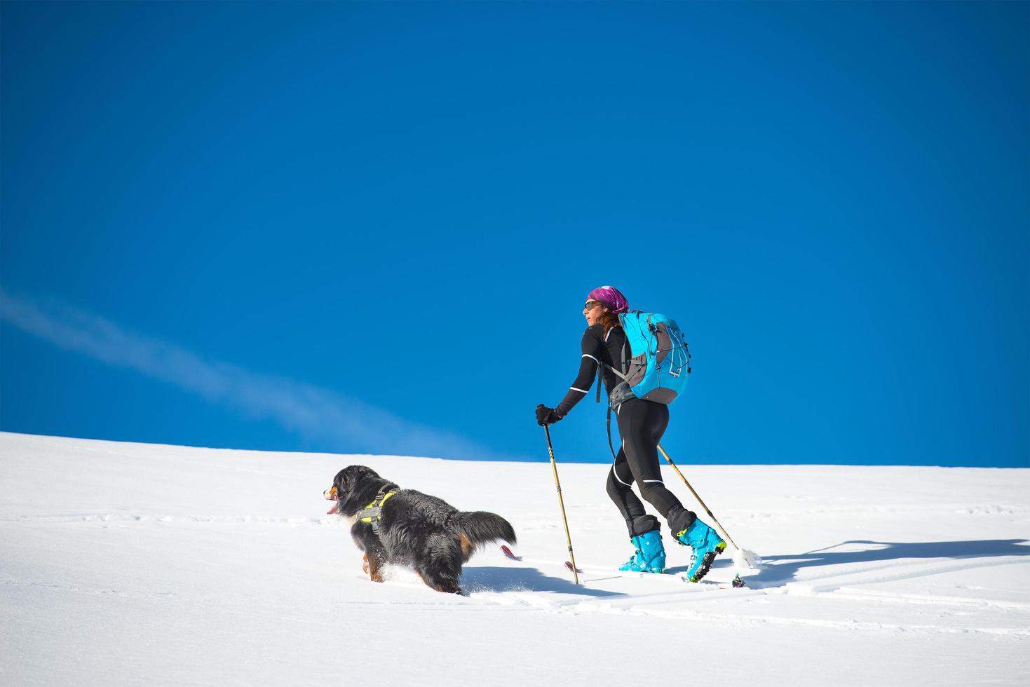 chica hace esquí de montaña con su perro foto