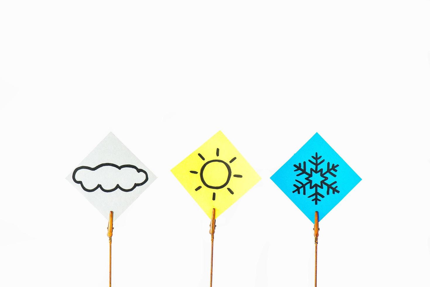 Three notes designed with different weather conditions. Cloud, sun, snowflake photo