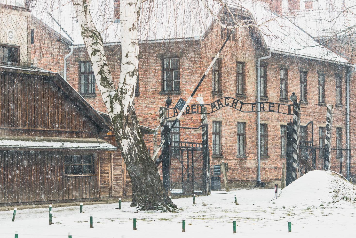 puerta de concentración de auschwitz en un día de invierno foto