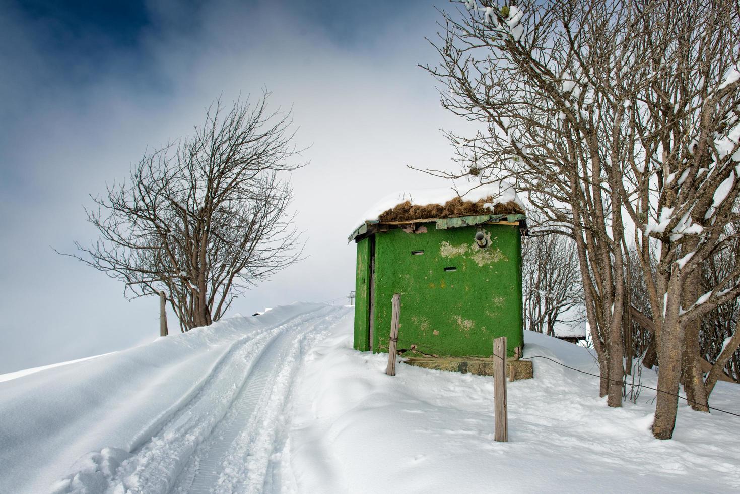 Hunting cabin in the snow photo