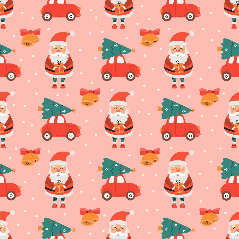 Santa with gift and car with Christmas tree on pink background, vector seamless pattern in flat style