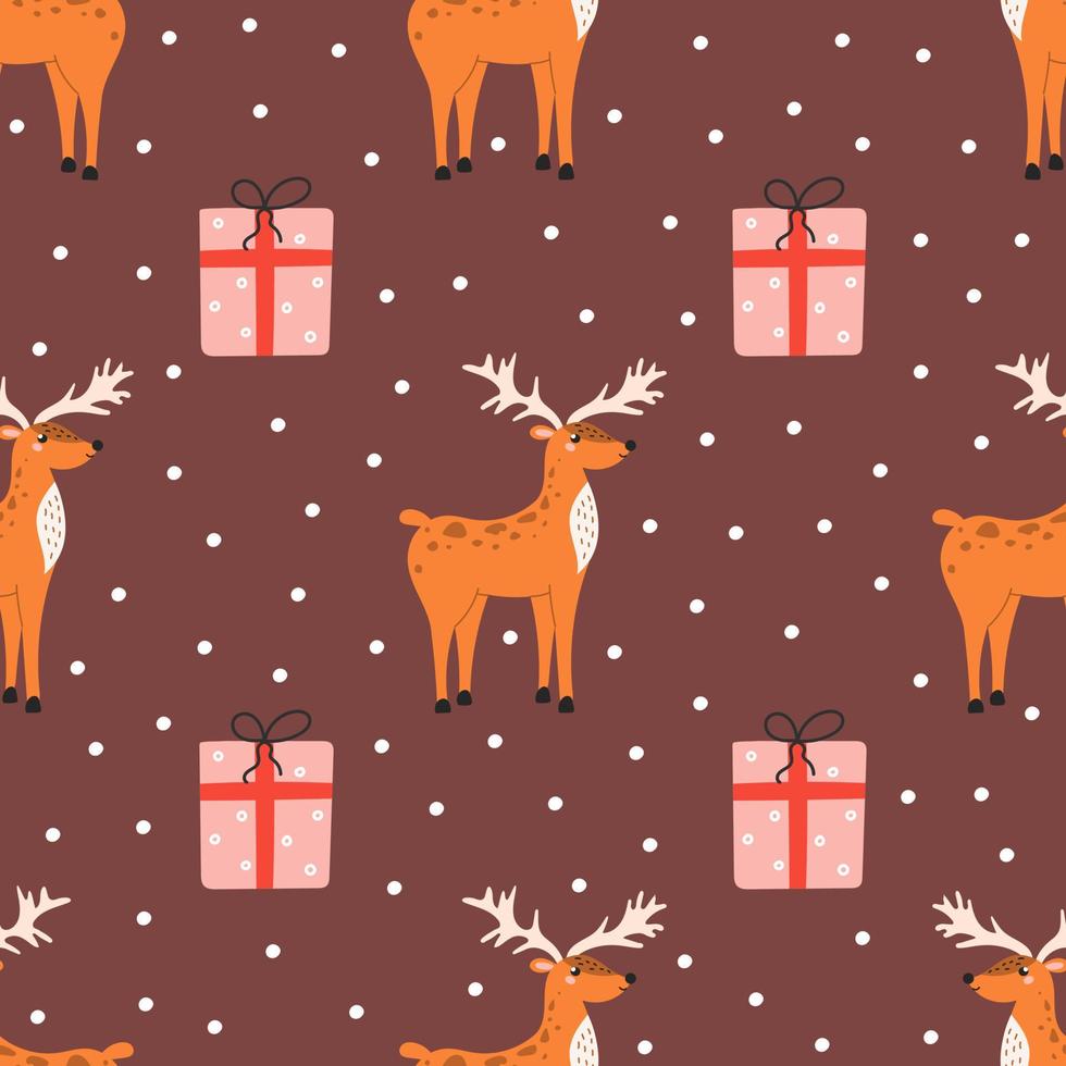 Christmas seamless pattern with deer, gifts and snowflakes in flat style vector