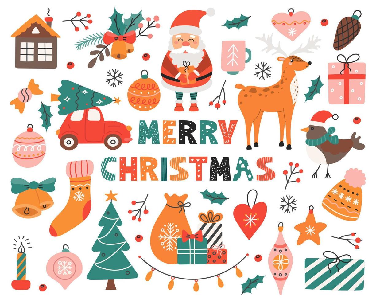 Christmas set with colorful elements, Santa, deer, car with Christmas tree, toys, gifts, vector illustration in flat cartoon style.