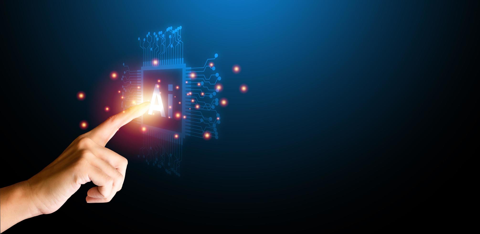 Finger touching on artificial intelligence Ai with circuit board on blue background. Connection of technology and innovation, machine learning. Technology and science concept. photo