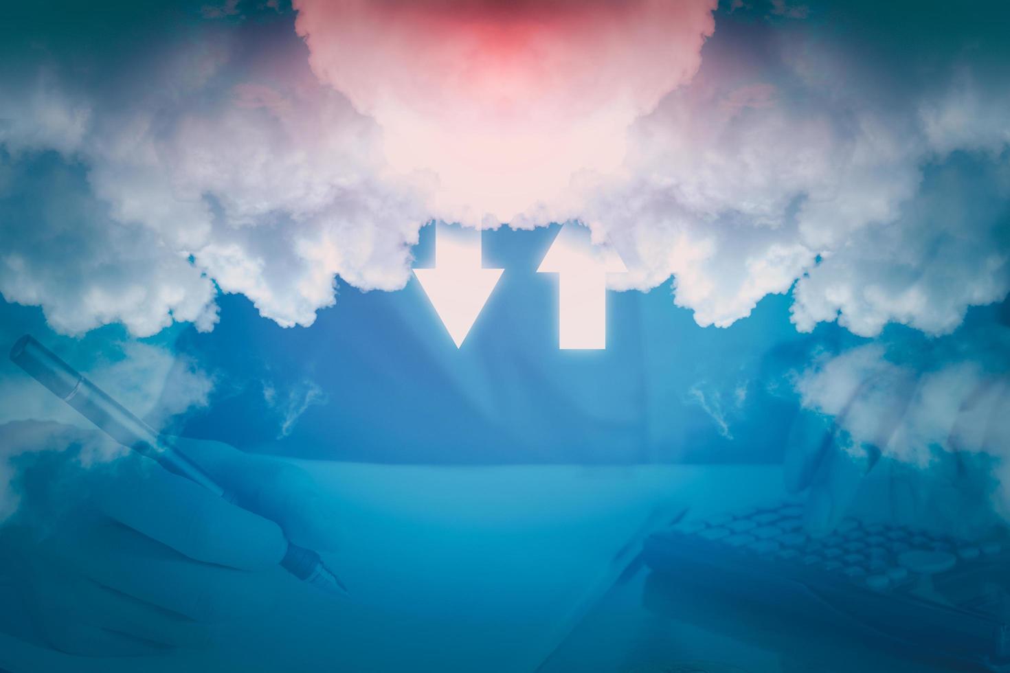 Cloud data storage concept. Double exposure businessman working in office with white cloud and arrow on blue sky background Communication of business and financial. Transfer data to storage. photo