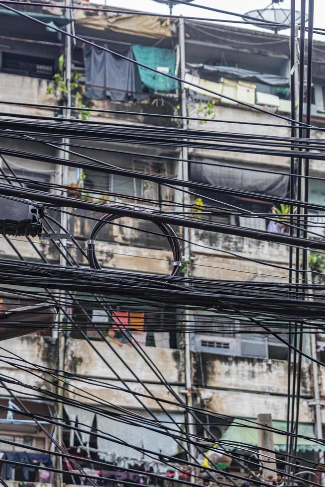 Absolute cable chaos on Thai power pole in Bangkok Thailand. photo