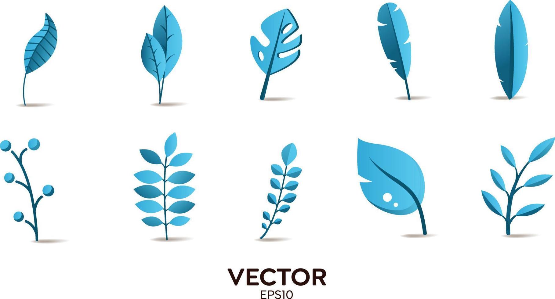 Vector designer elements set collection of blue jungle ferns, tropical eucalyptus art natural leaf herbal leaves in vector style. Decorative beauty elegant illustration for design