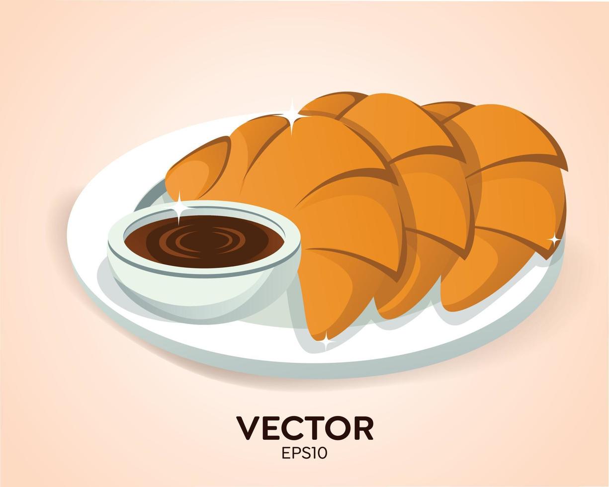 pan, productos de harina, concepto de comida dulce. salsa para acompañar el pan con un delicioso sabor a chocolate. pastelería muffin tratar confitería hombre sacar pan fresco del plato. ilustración de vector de pan